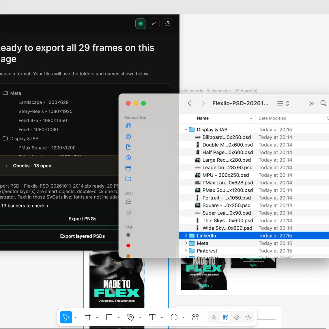 Flexlio's Export panel in Figma, with the Export layered PSDs button and the exported folders of named PSD files beside it.